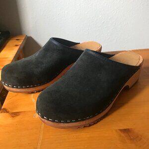 Olof Olaf Daughters Wooden Wedge Clogs Swedish Black Suede Leather 8 UK 6 EU 38